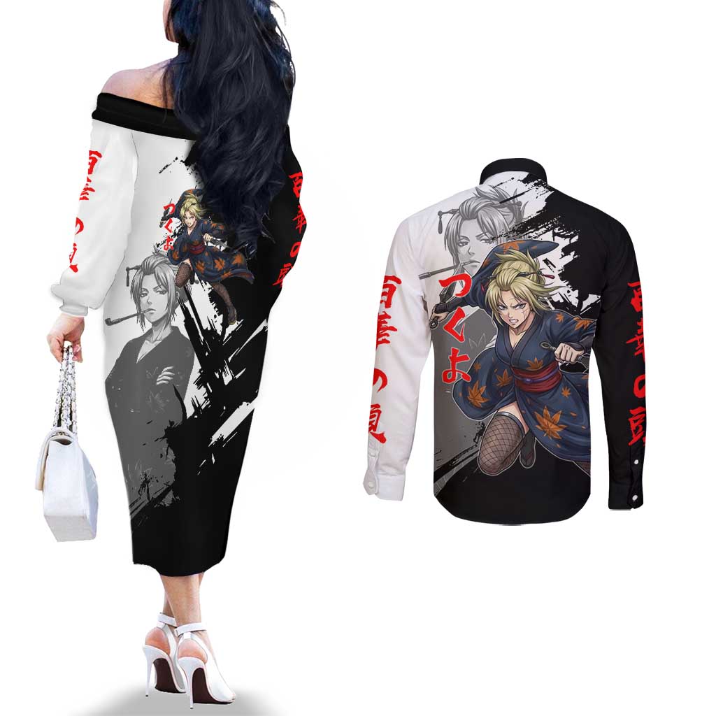 Tsukuyo Couples Matching Off The Shoulder Long Sleeve Dress and Long Sleeve Button Shirt Edo Shinobi Ink Brush Style