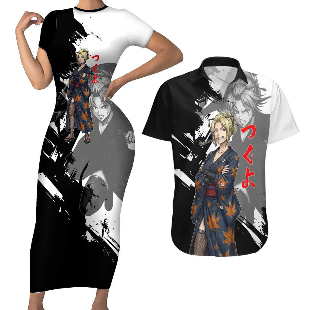 Tsukuyo Couples Matching Short Sleeve Bodycon Dress and Hawaiian Shirt Edo Shinobi Ink Brush Style