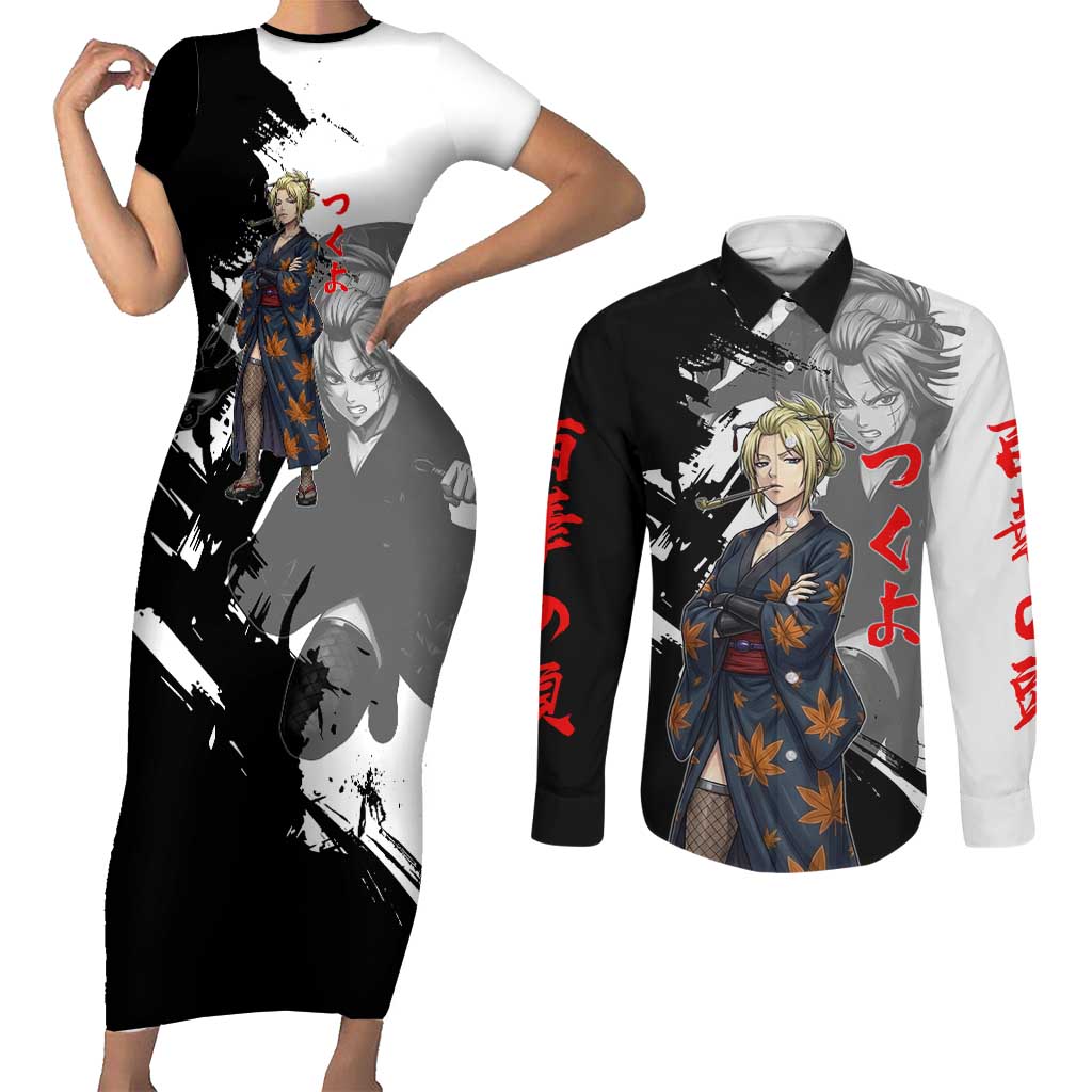 Tsukuyo Couples Matching Short Sleeve Bodycon Dress and Long Sleeve Button Shirt Edo Shinobi Ink Brush Style