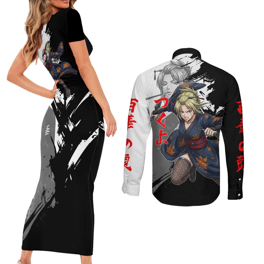 Tsukuyo Couples Matching Short Sleeve Bodycon Dress and Long Sleeve Button Shirt Edo Shinobi Ink Brush Style