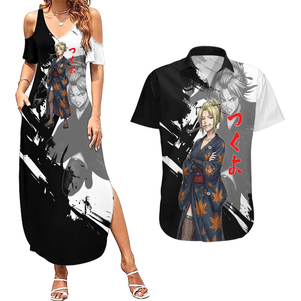 Tsukuyo Couples Matching Summer Maxi Dress and Hawaiian Shirt Edo Shinobi Ink Brush Style