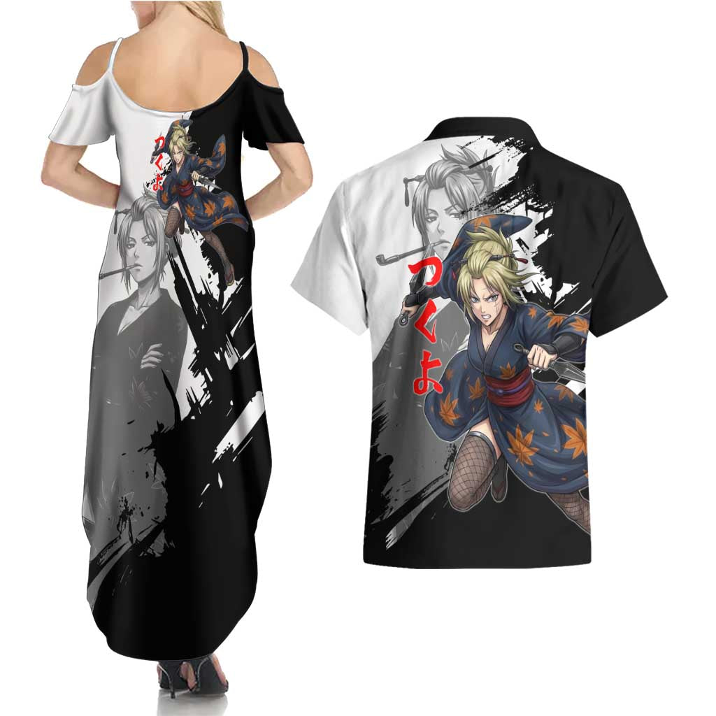 Tsukuyo Couples Matching Summer Maxi Dress and Hawaiian Shirt Edo Shinobi Ink Brush Style