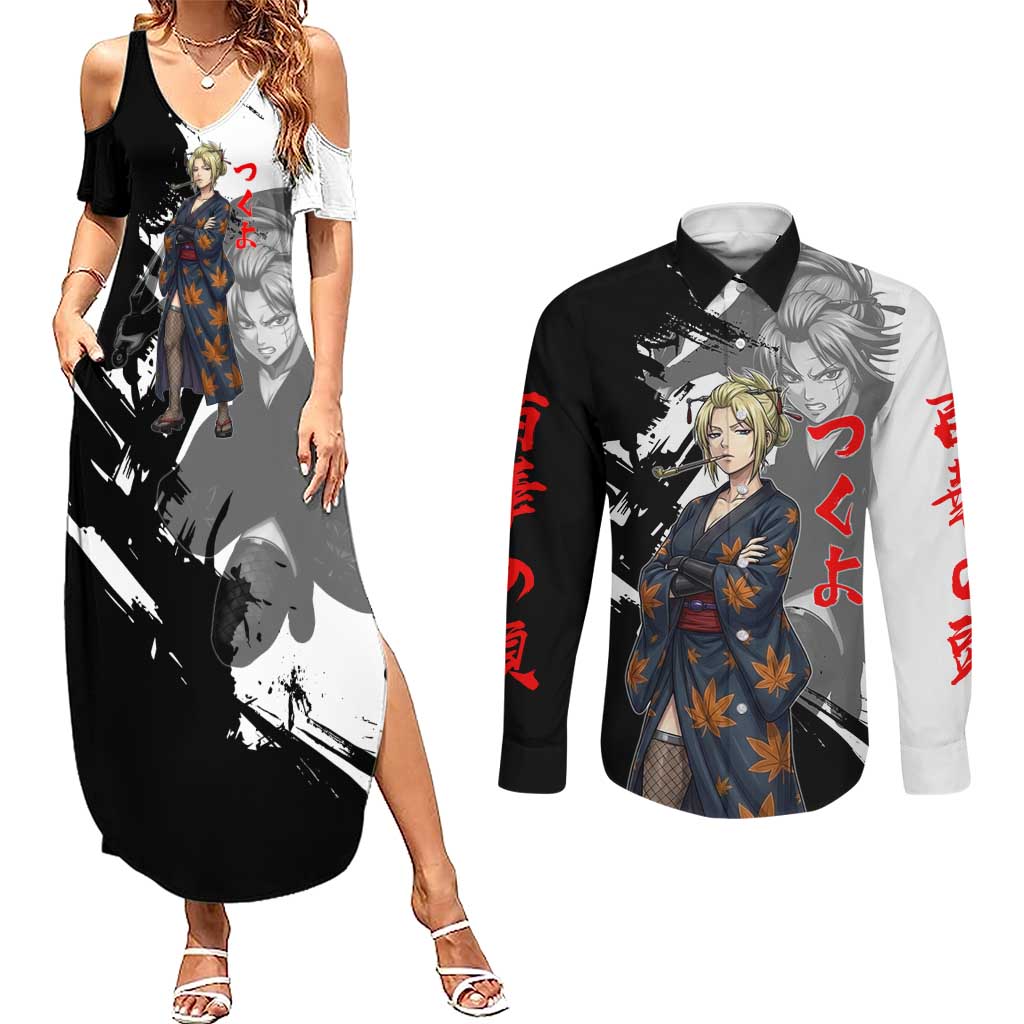 Tsukuyo Couples Matching Summer Maxi Dress and Long Sleeve Button Shirt Edo Shinobi Ink Brush Style
