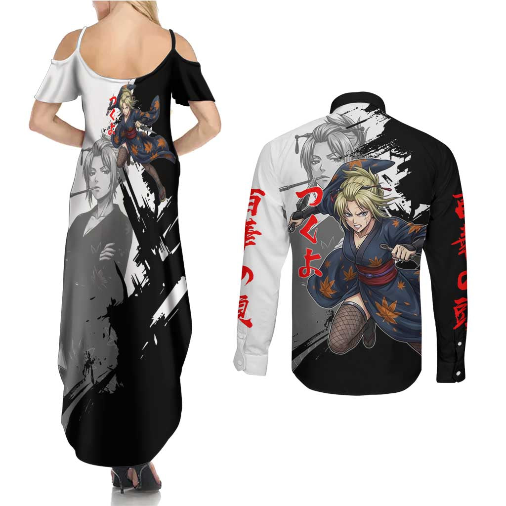 Tsukuyo Couples Matching Summer Maxi Dress and Long Sleeve Button Shirt Edo Shinobi Ink Brush Style