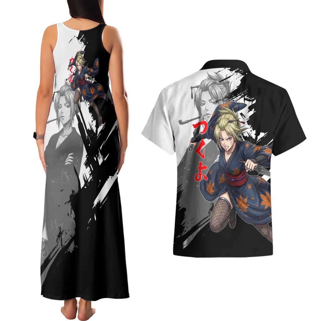 Tsukuyo Couples Matching Tank Maxi Dress and Hawaiian Shirt Edo Shinobi Ink Brush Style