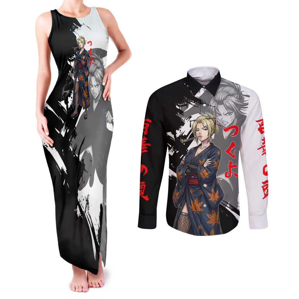 Tsukuyo Couples Matching Tank Maxi Dress and Long Sleeve Button Shirt Edo Shinobi Ink Brush Style