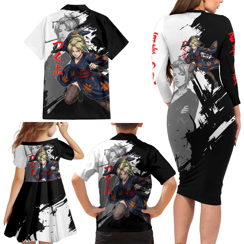 Tsukuyo Family Matching Long Sleeve Bodycon Dress and Hawaiian Shirt Edo Shinobi Ink Brush Style