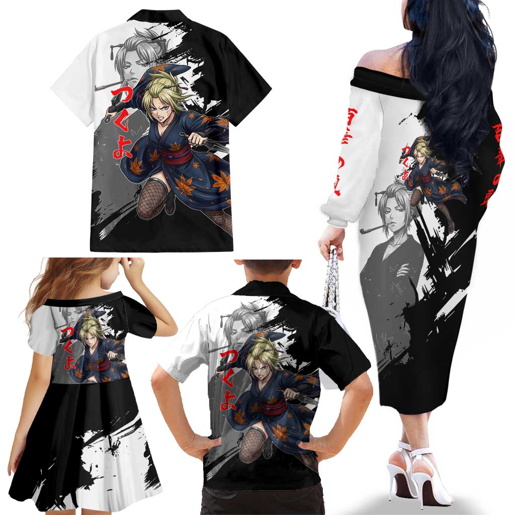 Tsukuyo Family Matching Off The Shoulder Long Sleeve Dress and Hawaiian Shirt Edo Shinobi Ink Brush Style