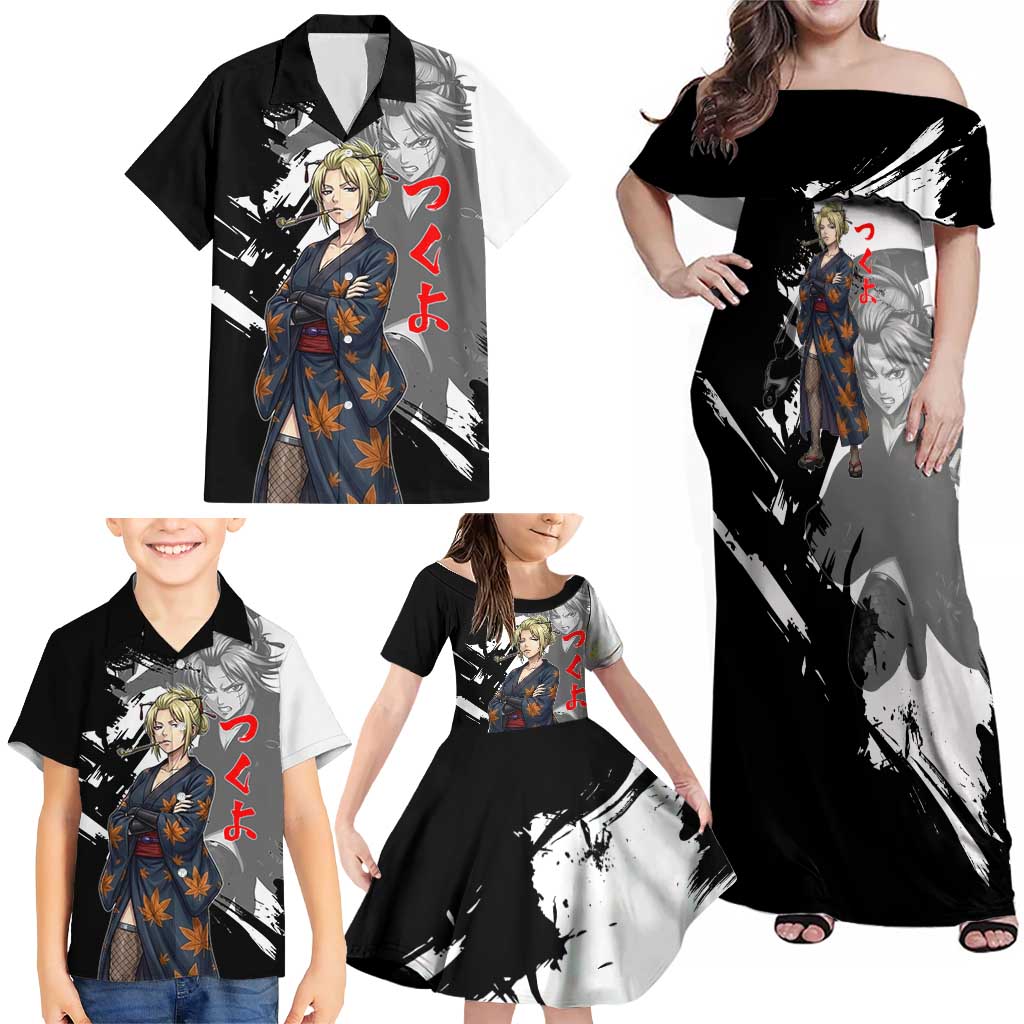 Tsukuyo Family Matching Off Shoulder Maxi Dress and Hawaiian Shirt Edo Shinobi Ink Brush Style