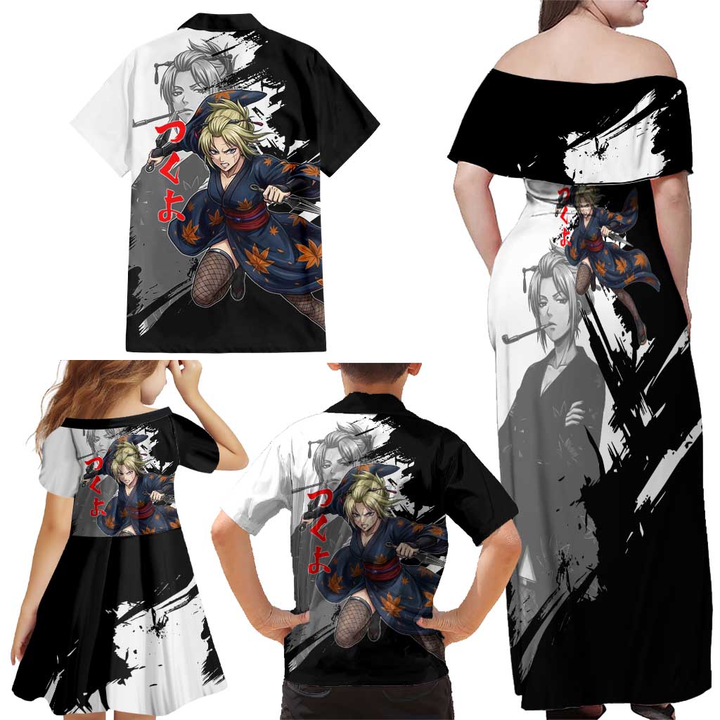 Tsukuyo Family Matching Off Shoulder Maxi Dress and Hawaiian Shirt Edo Shinobi Ink Brush Style