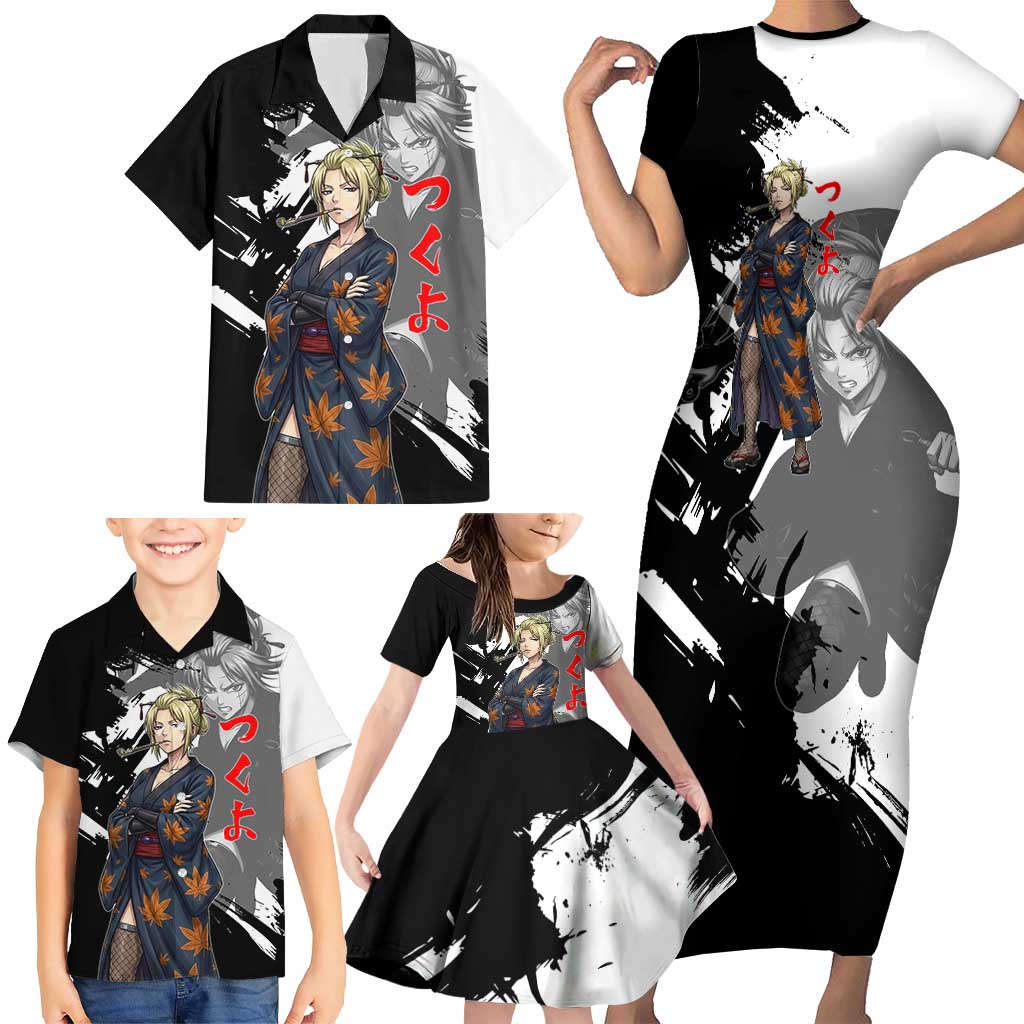 Tsukuyo Family Matching Short Sleeve Bodycon Dress and Hawaiian Shirt Edo Shinobi Ink Brush Style