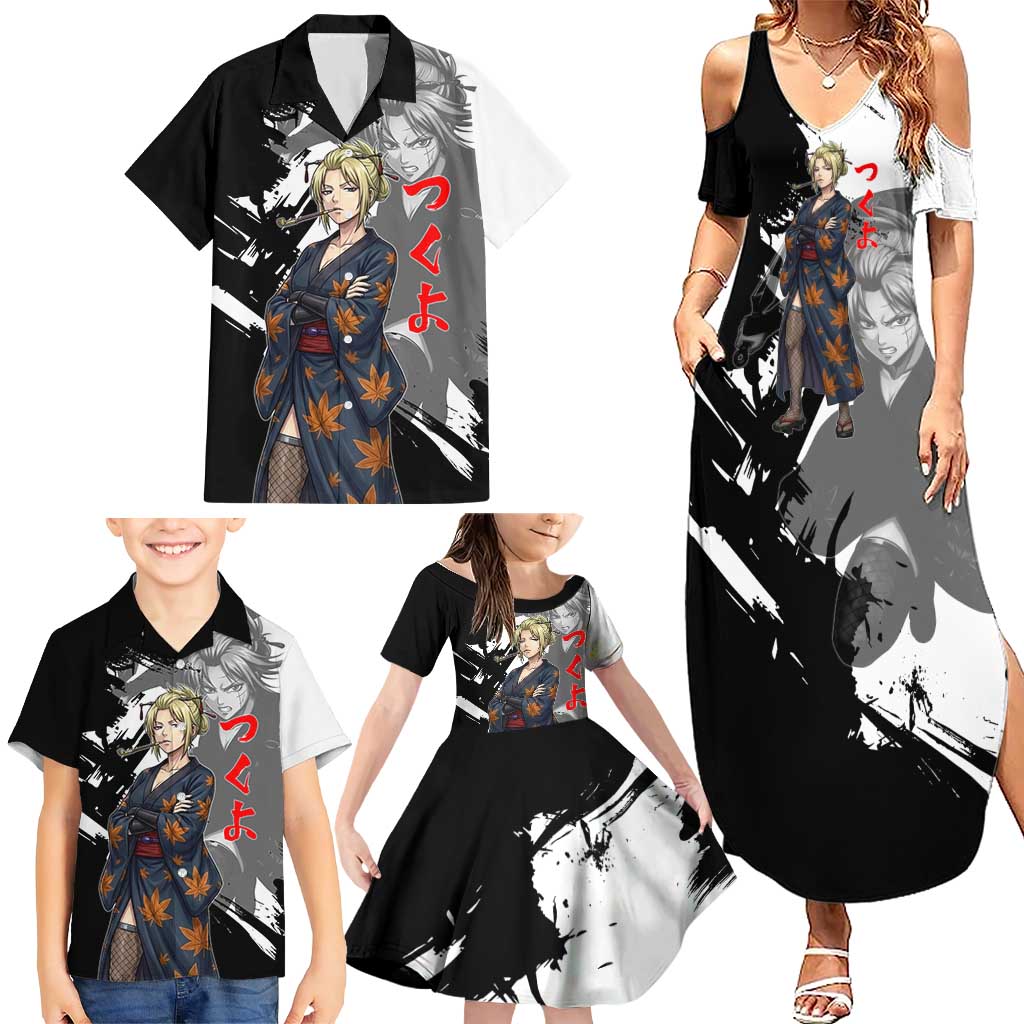 Tsukuyo Family Matching Summer Maxi Dress and Hawaiian Shirt Edo Shinobi Ink Brush Style