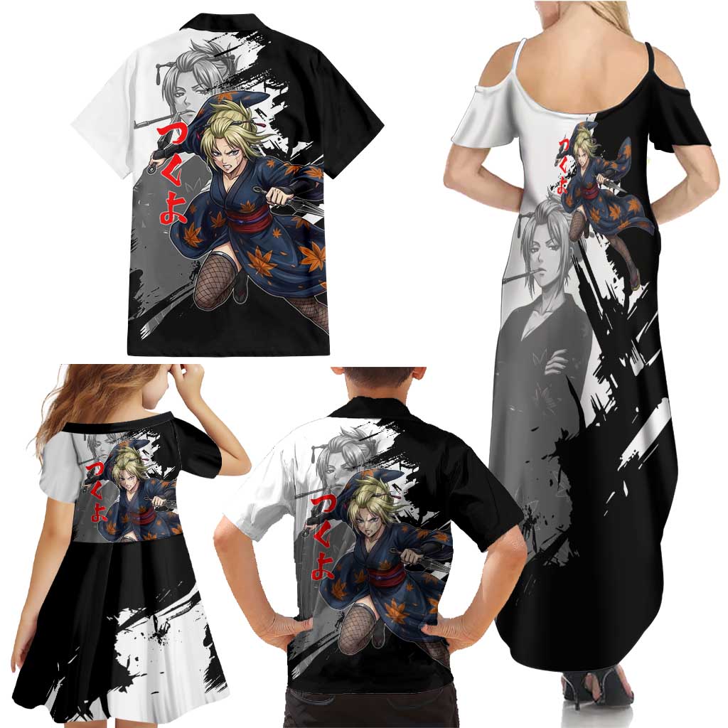Tsukuyo Family Matching Summer Maxi Dress and Hawaiian Shirt Edo Shinobi Ink Brush Style