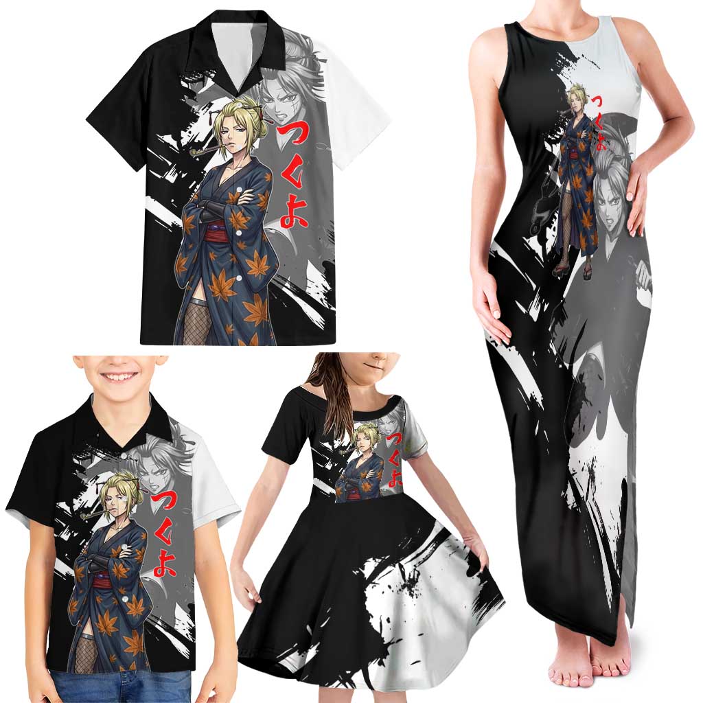 Tsukuyo Family Matching Tank Maxi Dress and Hawaiian Shirt Edo Shinobi Ink Brush Style