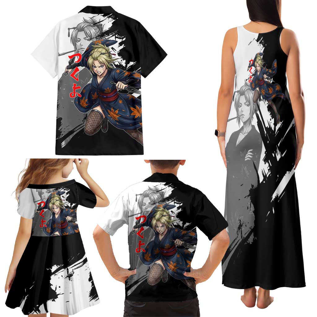 Tsukuyo Family Matching Tank Maxi Dress and Hawaiian Shirt Edo Shinobi Ink Brush Style