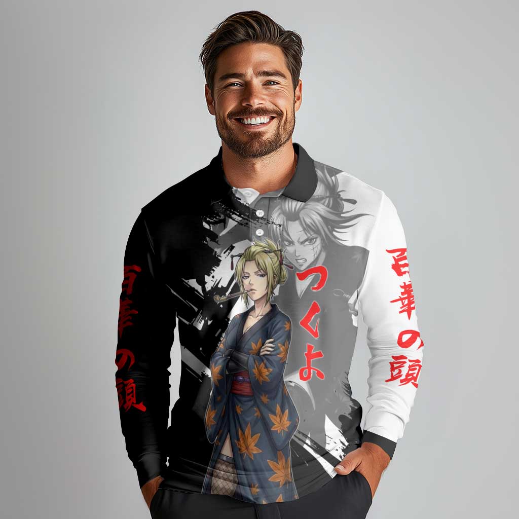Tsukuyo Long Sleeve Polo Shirt Edo Shinobi Ink Brush Style