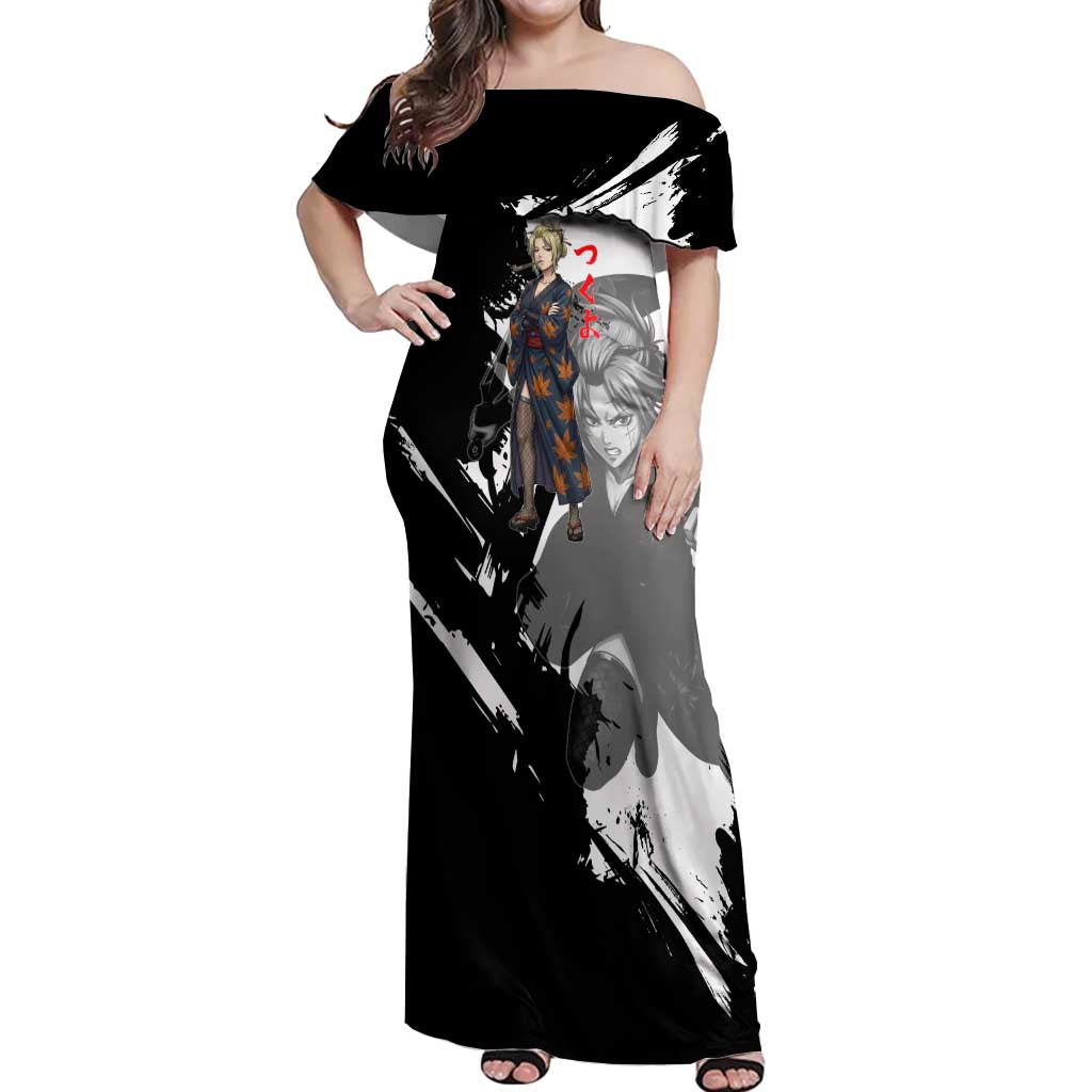 Tsukuyo Off Shoulder Maxi Dress Edo Shinobi Ink Brush Style
