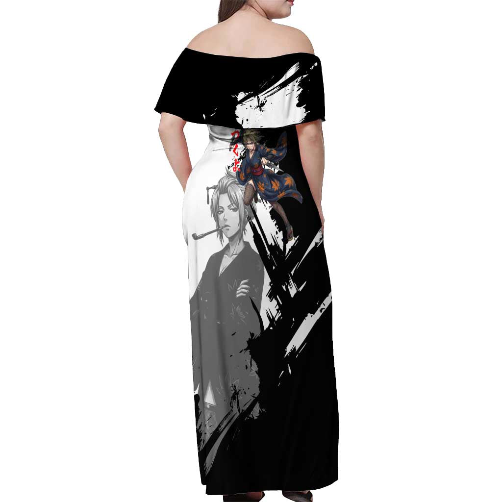 Tsukuyo Off Shoulder Maxi Dress Edo Shinobi Ink Brush Style