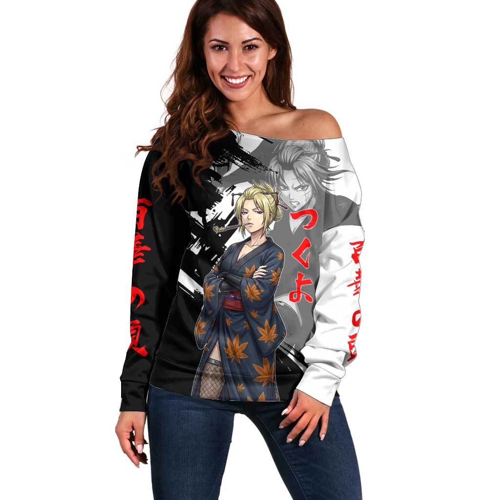 Tsukuyo Off Shoulder Sweater Edo Shinobi Ink Brush Style