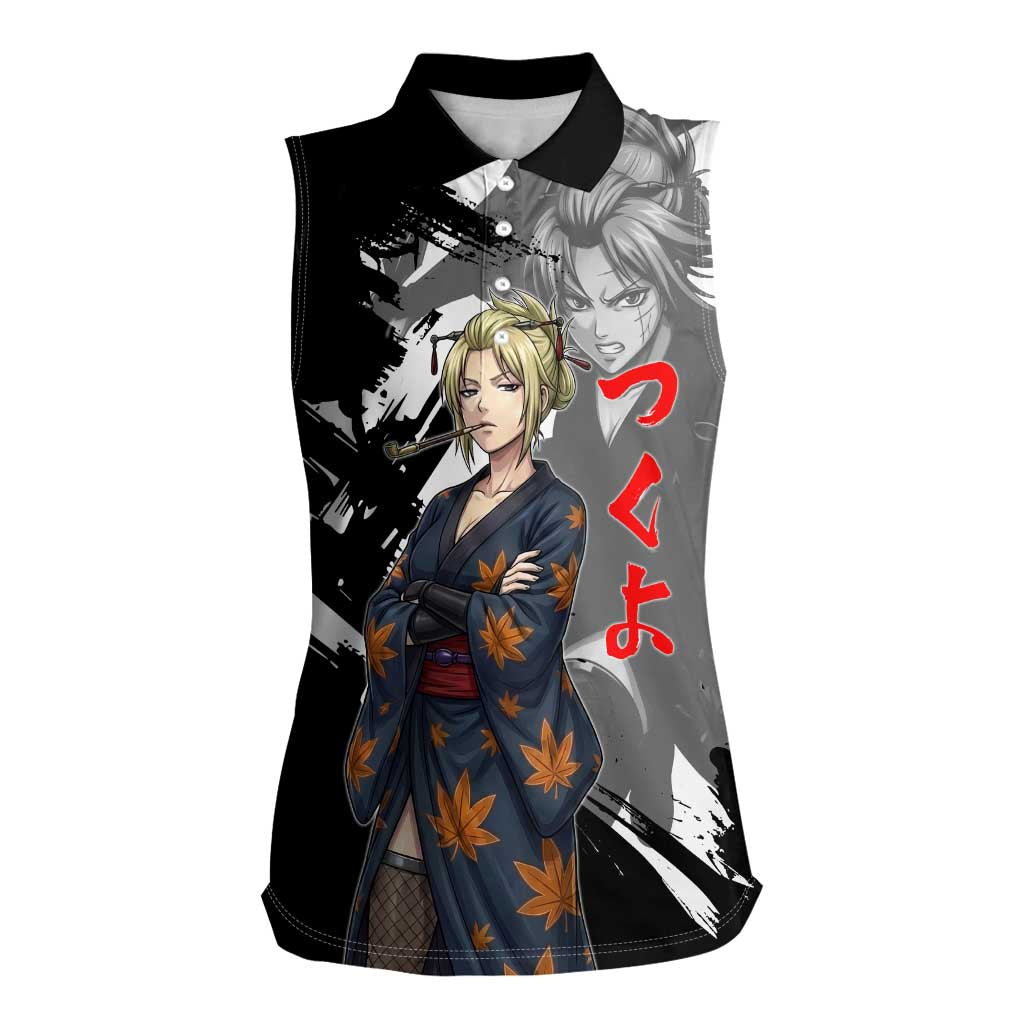 Tsukuyo Women Sleeveless Polo Shirt Edo Shinobi Ink Brush Style