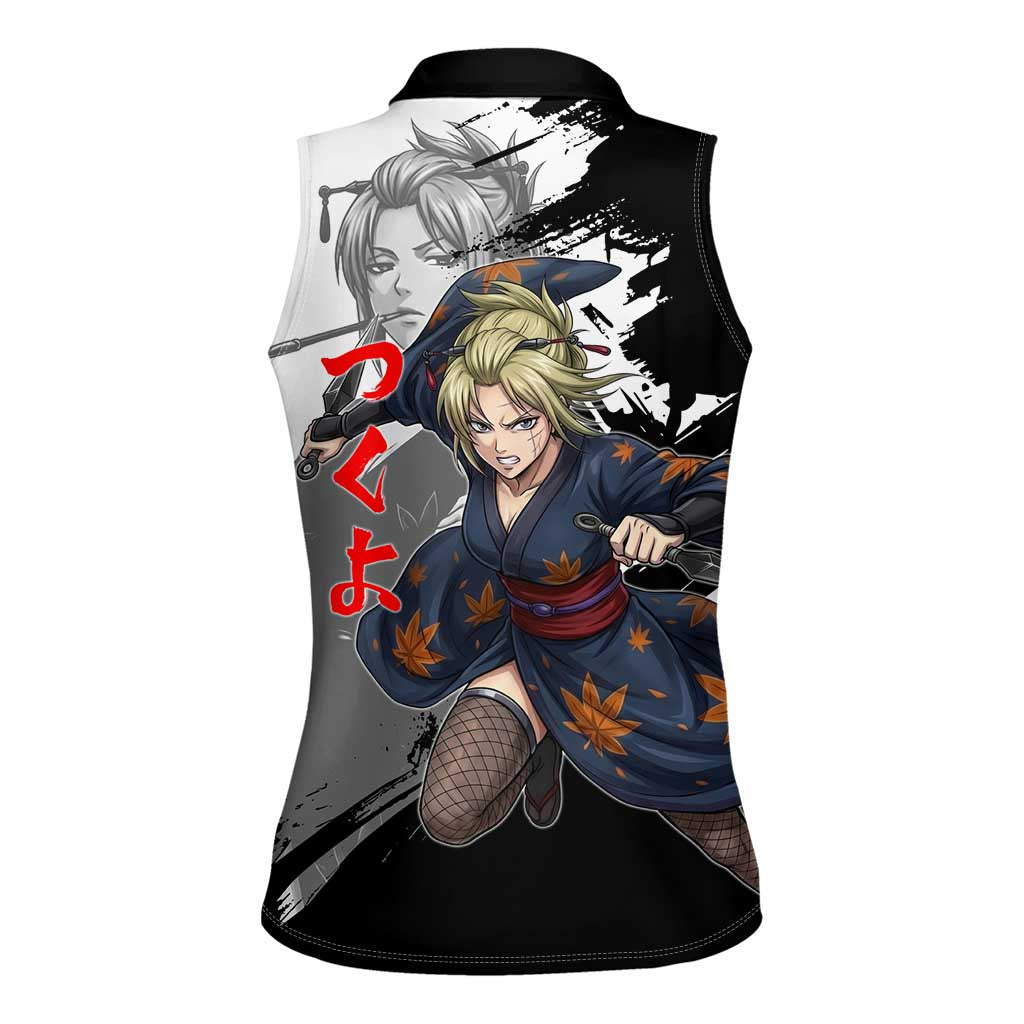 Tsukuyo Women Sleeveless Polo Shirt Edo Shinobi Ink Brush Style