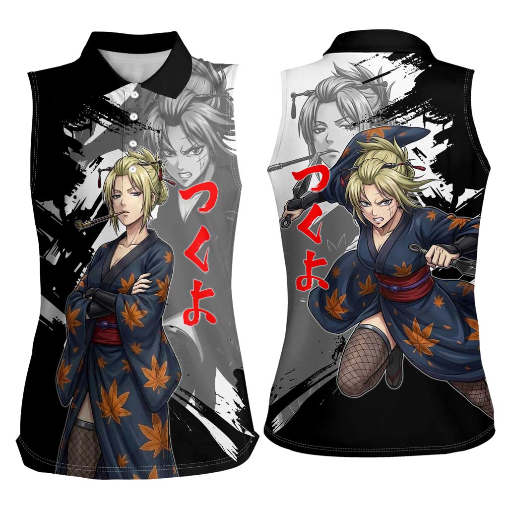 Tsukuyo Women Sleeveless Polo Shirt Edo Shinobi Ink Brush Style