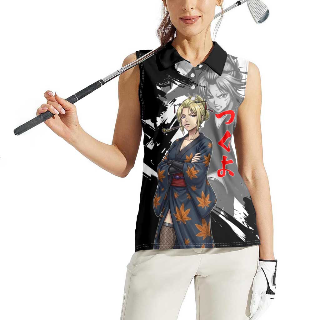 Tsukuyo Women Sleeveless Polo Shirt Edo Shinobi Ink Brush Style