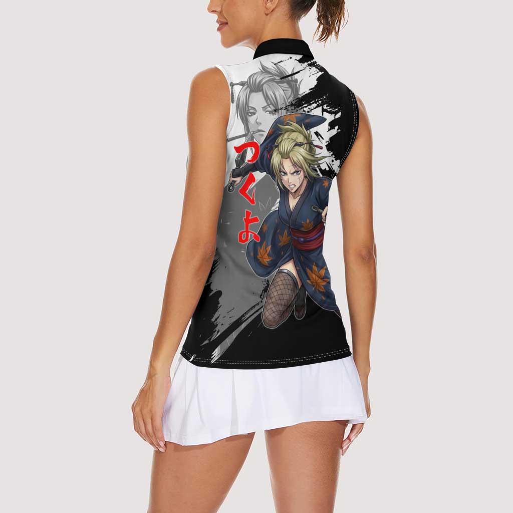 Tsukuyo Women Sleeveless Polo Shirt Edo Shinobi Ink Brush Style