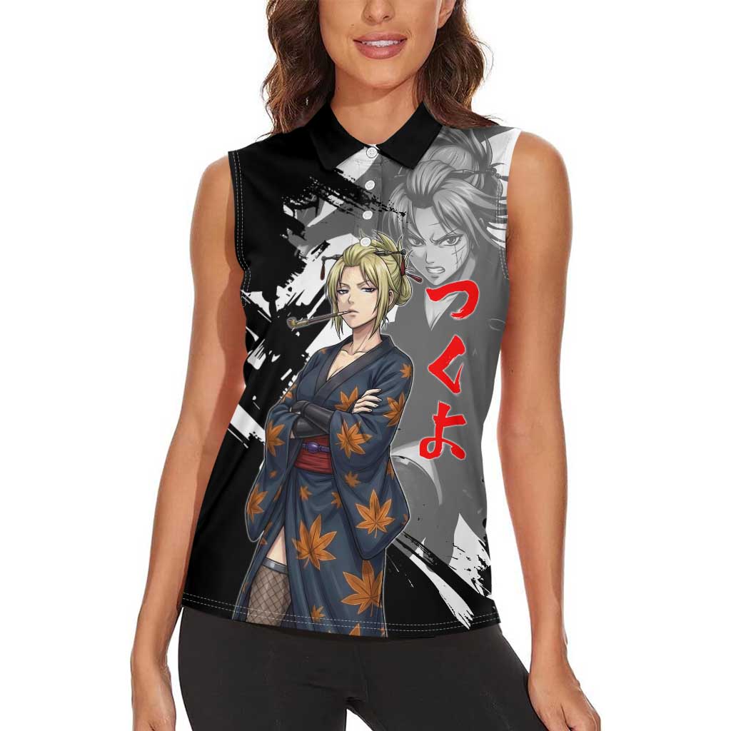 Tsukuyo Women Sleeveless Polo Shirt Edo Shinobi Ink Brush Style