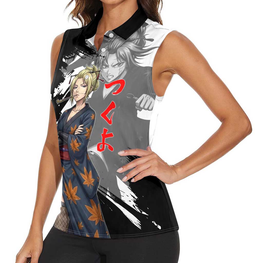 Tsukuyo Women Sleeveless Polo Shirt Edo Shinobi Ink Brush Style