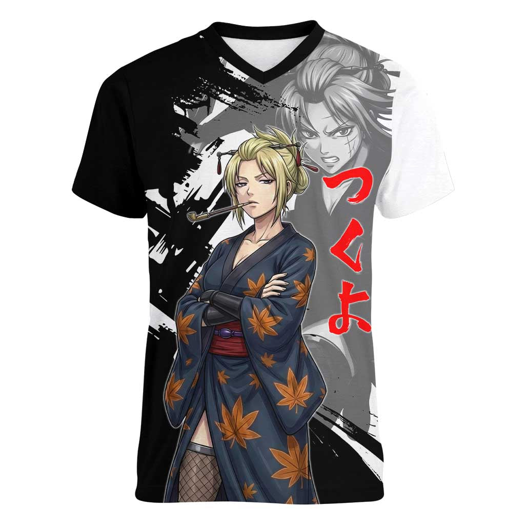 Tsukuyo Women V-Neck T-Shirt Edo Shinobi Ink Brush Style