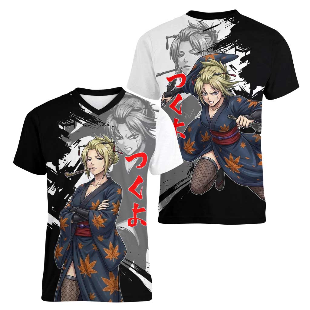 Tsukuyo Women V-Neck T-Shirt Edo Shinobi Ink Brush Style