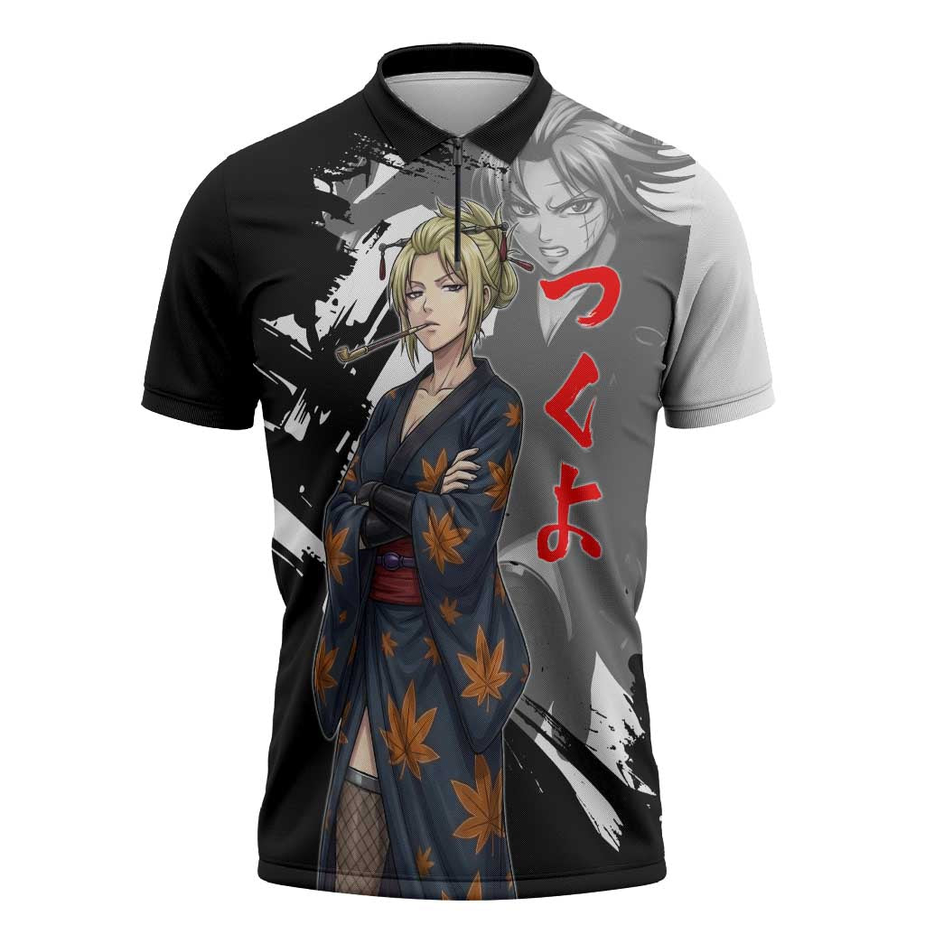 Tsukuyo Zipper Polo Shirt Edo Shinobi Ink Brush Style