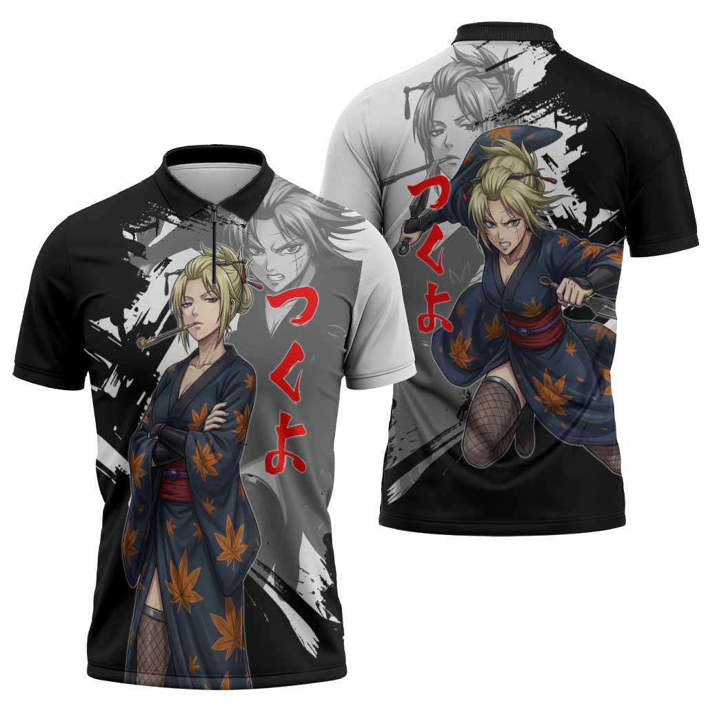 Tsukuyo Zipper Polo Shirt Edo Shinobi Ink Brush Style