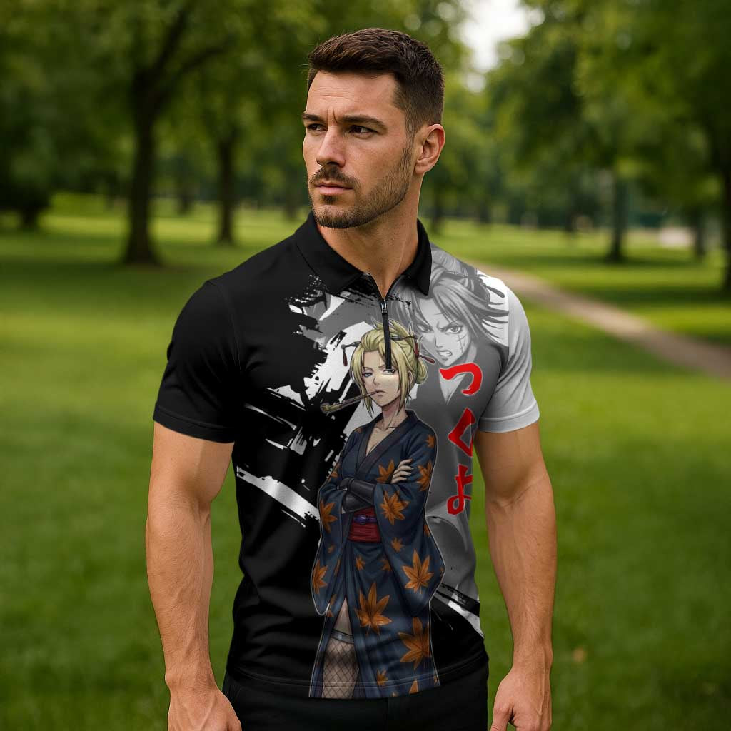 Tsukuyo Zipper Polo Shirt Edo Shinobi Ink Brush Style