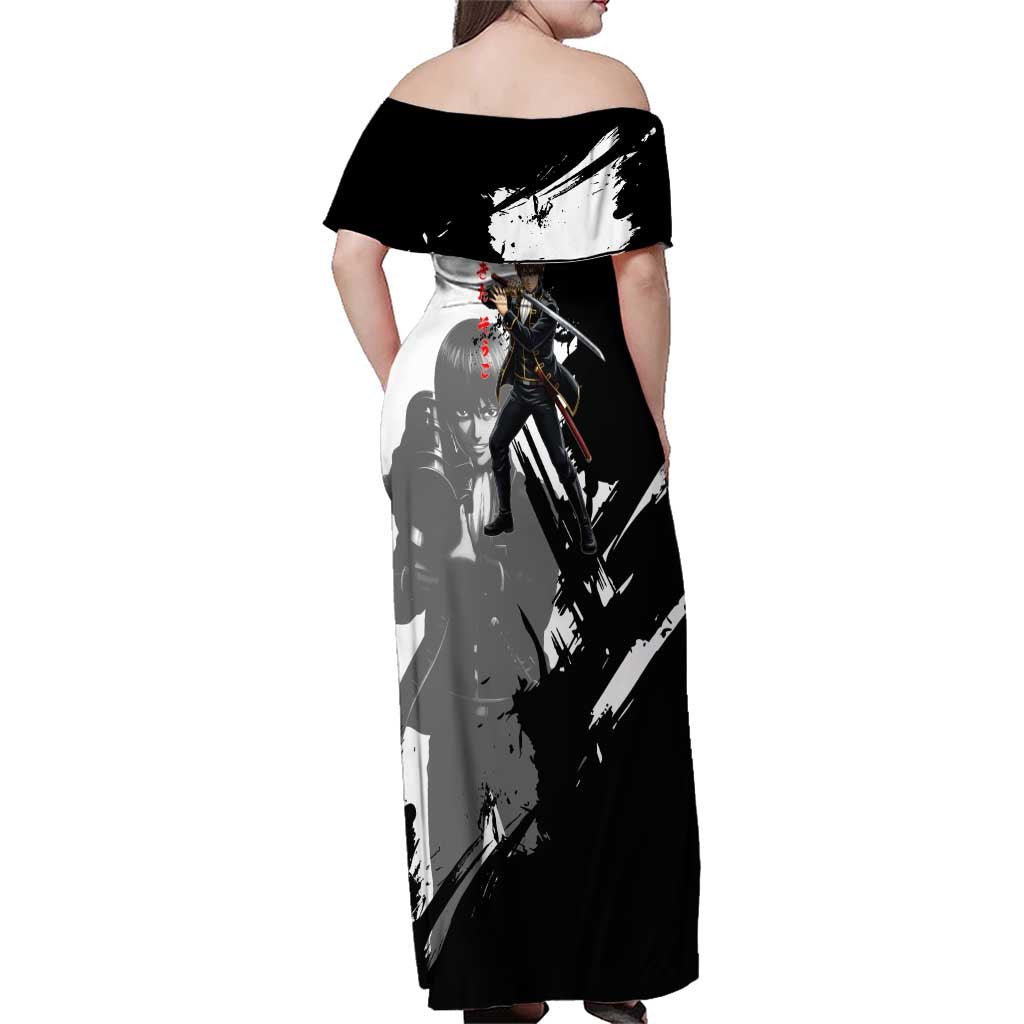 Okita Sougo Family Matching Off Shoulder Maxi Dress and Hawaiian Shirt Modern Shinsengumi Ink Splash Style
