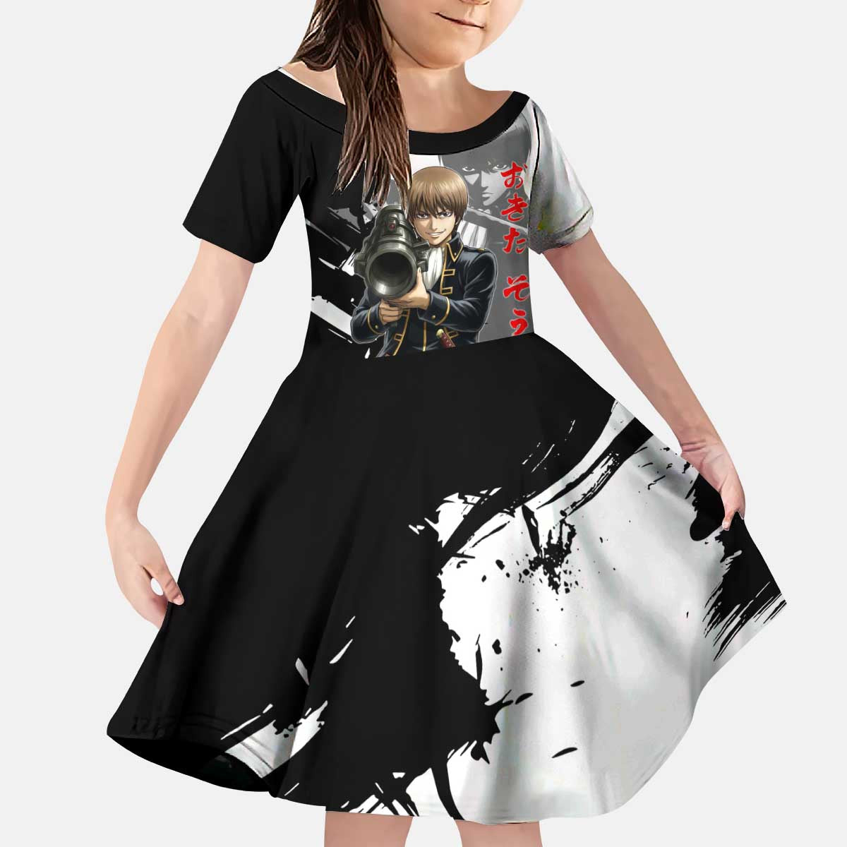 Okita Sougo Kid Short Sleeve Dress Modern Shinsengumi Ink Splash Style