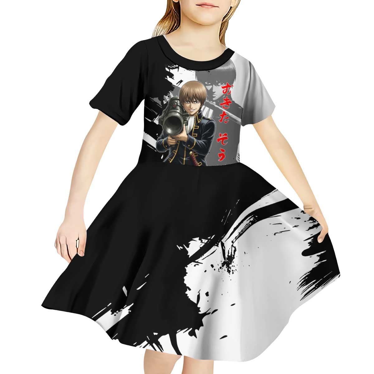 Okita Sougo Kid Short Sleeve Dress Modern Shinsengumi Ink Splash Style