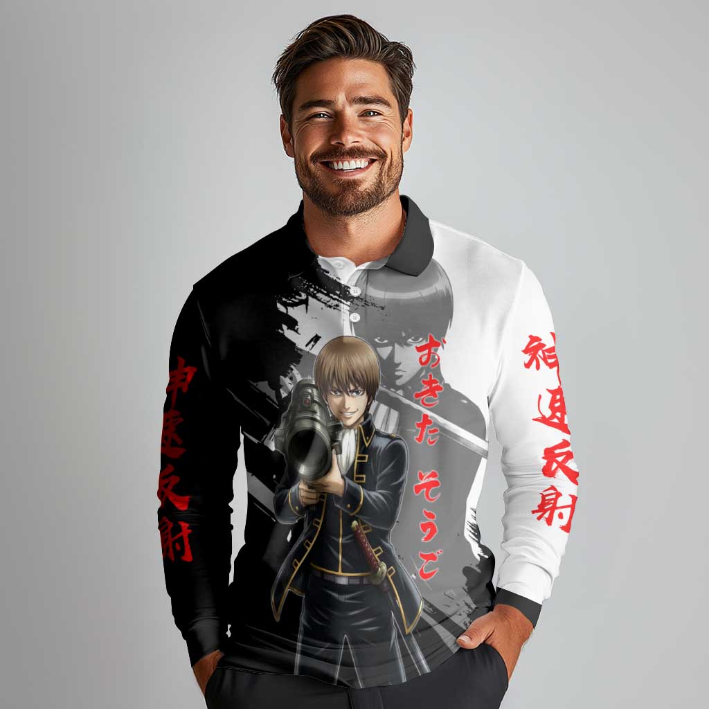 Okita Sougo Long Sleeve Polo Shirt Modern Shinsengumi Ink Splash Style