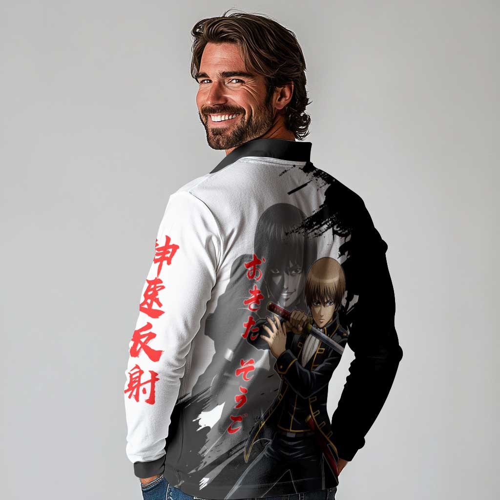 Okita Sougo Long Sleeve Polo Shirt Modern Shinsengumi Ink Splash Style