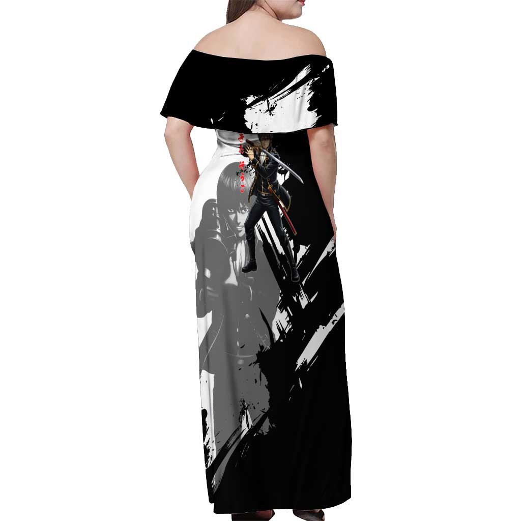 Okita Sougo Off Shoulder Maxi Dress Modern Shinsengumi Ink Splash Style
