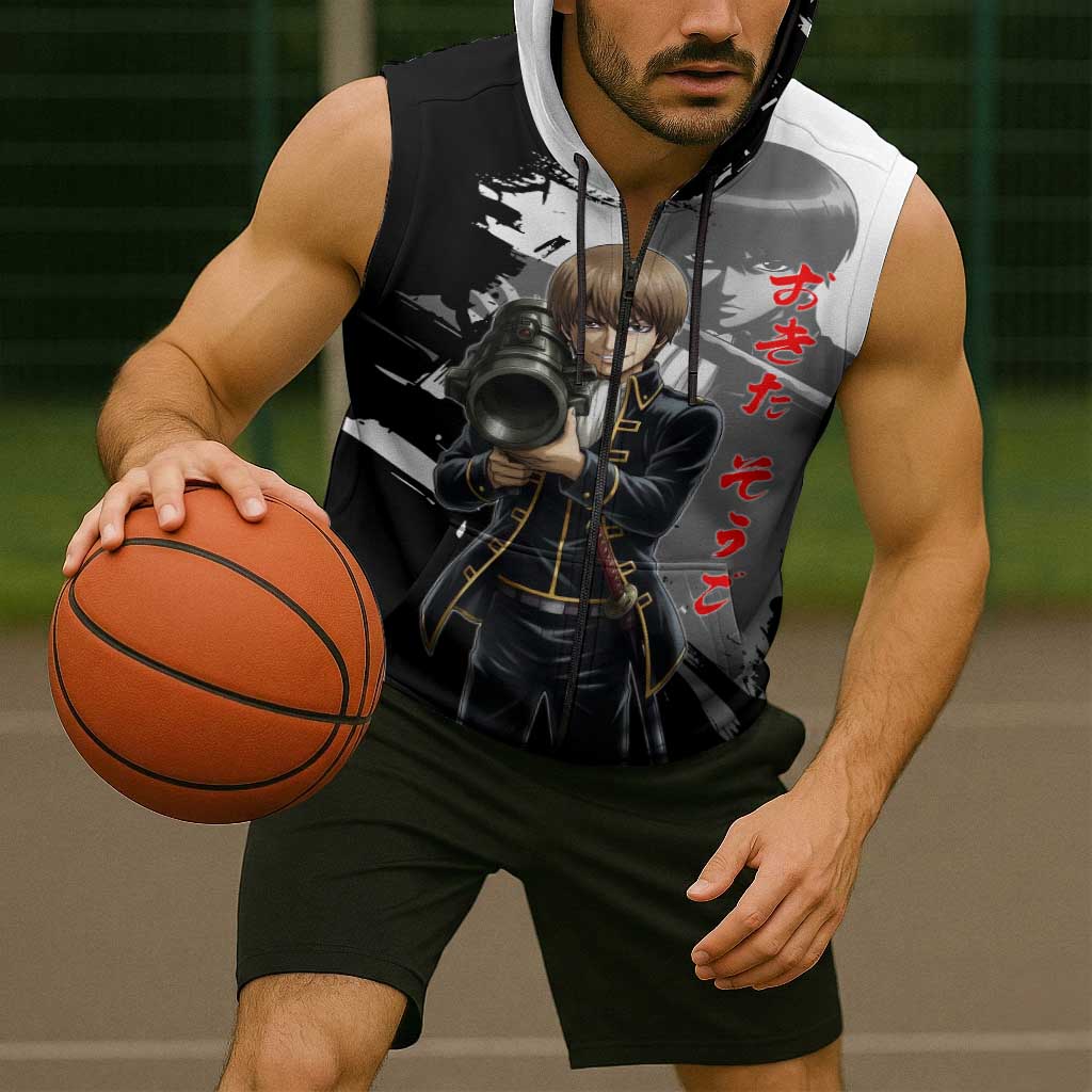 Okita Sougo Sleeveless Zip Hoodie Modern Shinsengumi Ink Splash Style