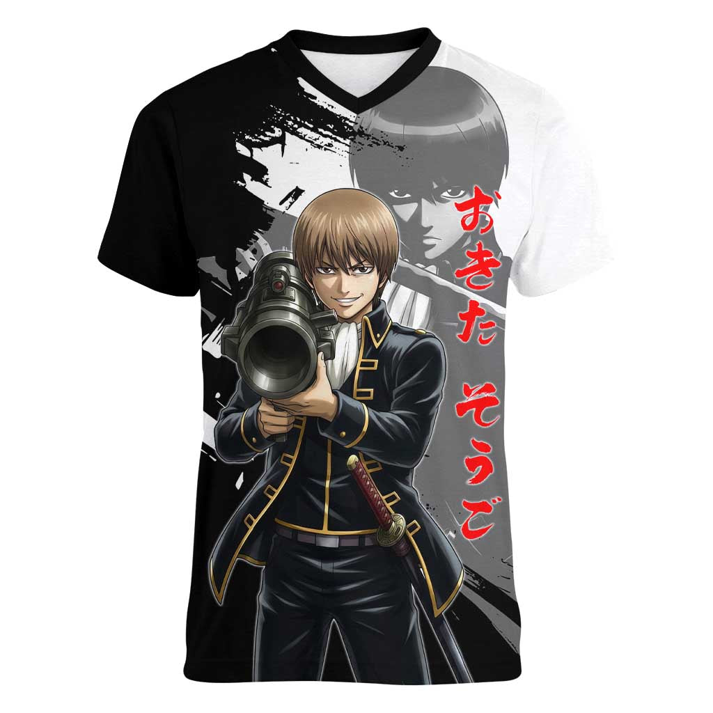 Okita Sougo Women V-Neck T-Shirt Modern Shinsengumi Ink Splash Style
