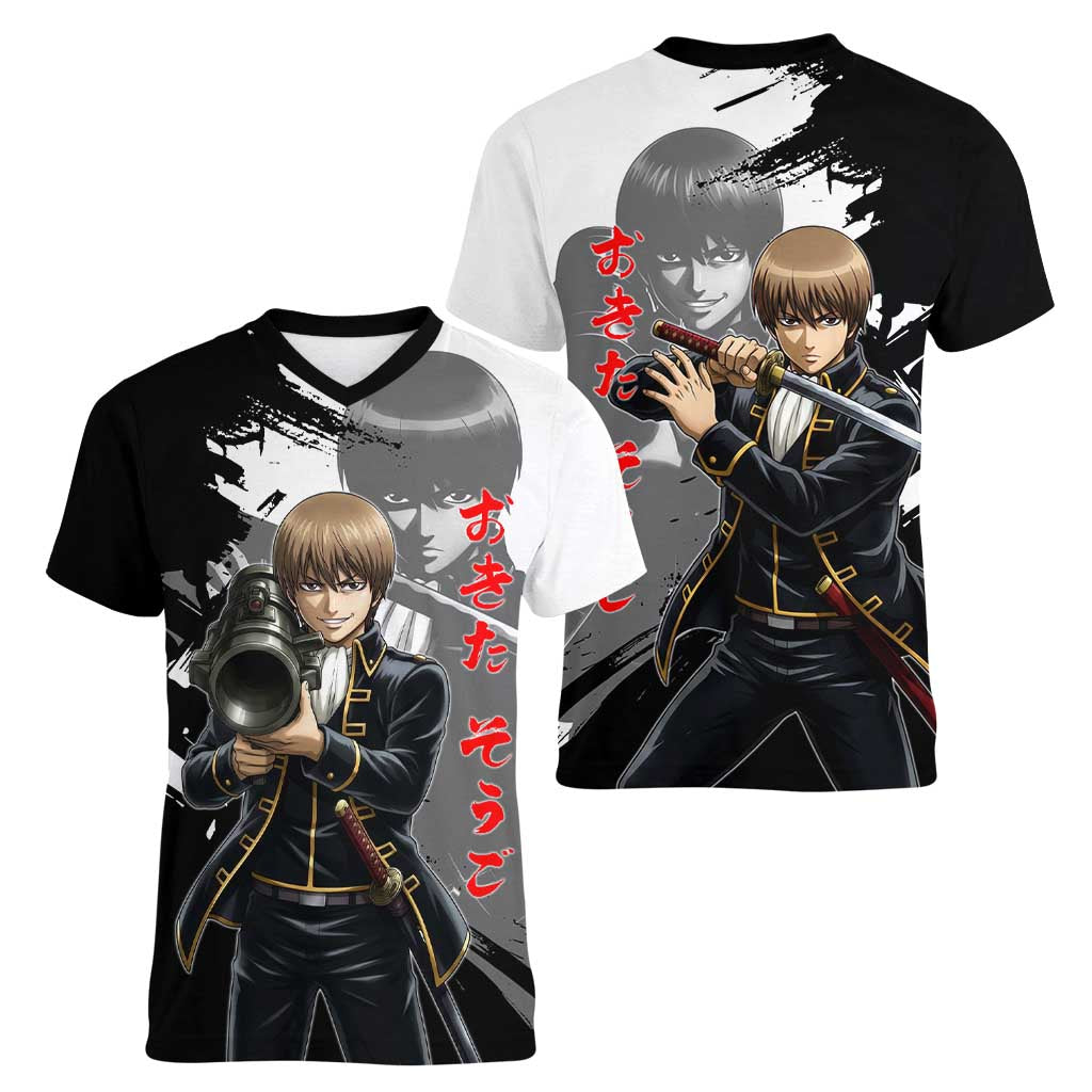 Okita Sougo Women V-Neck T-Shirt Modern Shinsengumi Ink Splash Style