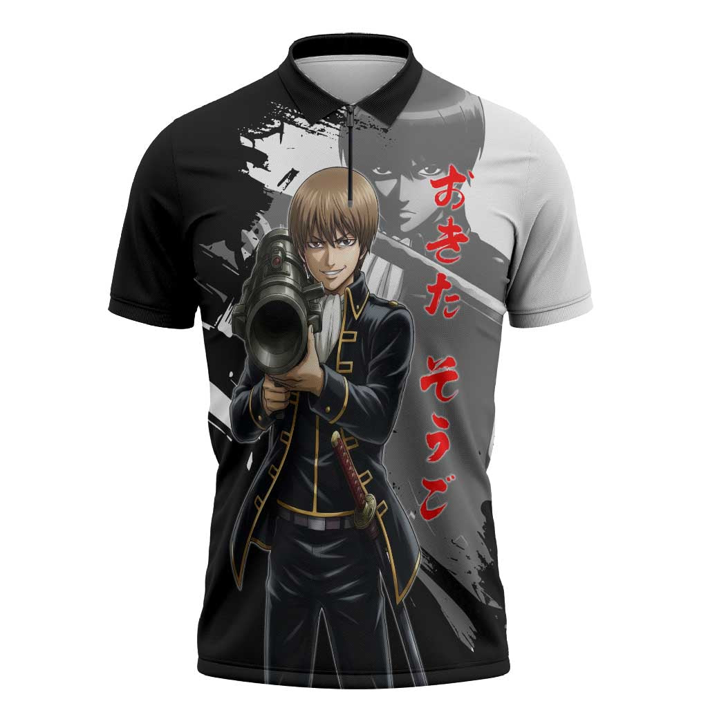 Okita Sougo Zipper Polo Shirt Modern Shinsengumi Ink Splash Style