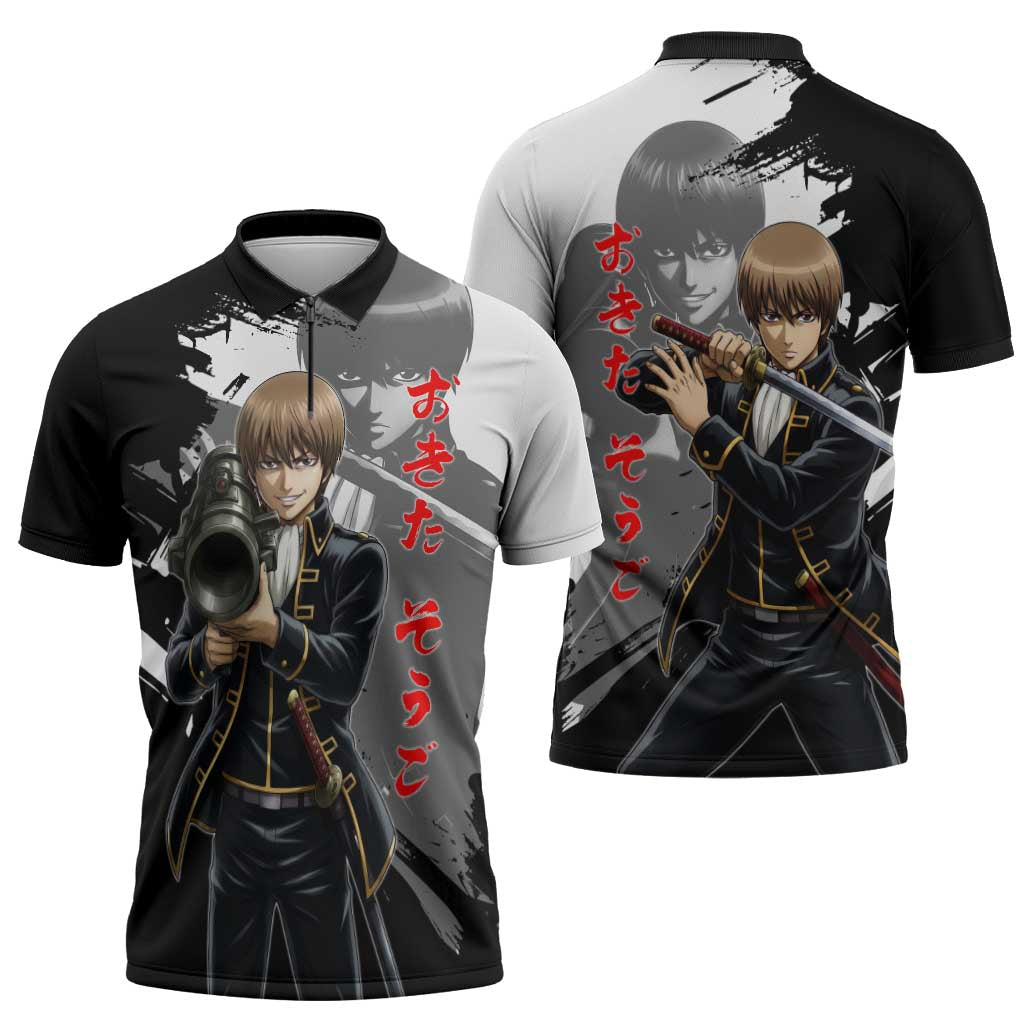 Okita Sougo Zipper Polo Shirt Modern Shinsengumi Ink Splash Style