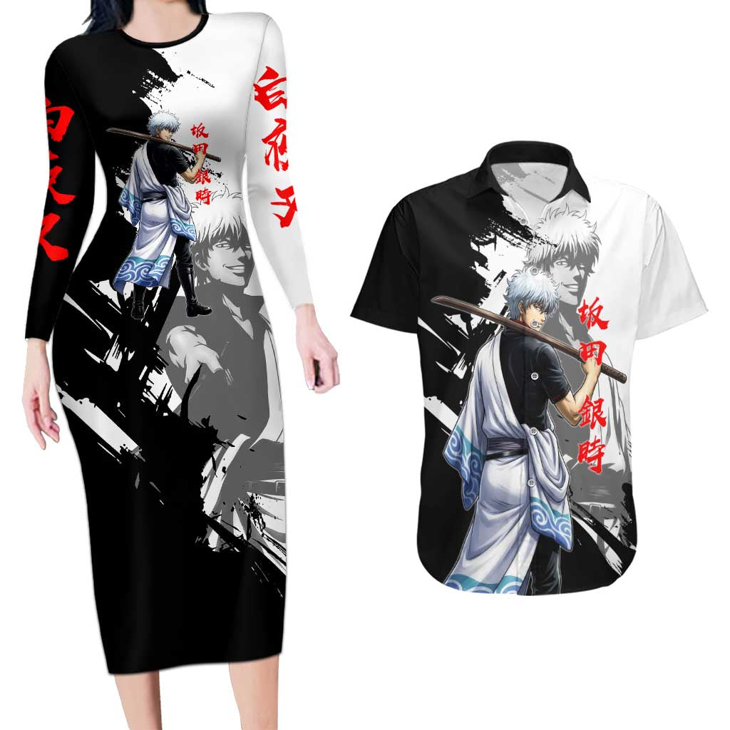 Gintoki Sakata Couples Matching Long Sleeve Bodycon Dress and Hawaiian Shirt Classic Samurai Brushstroke Style