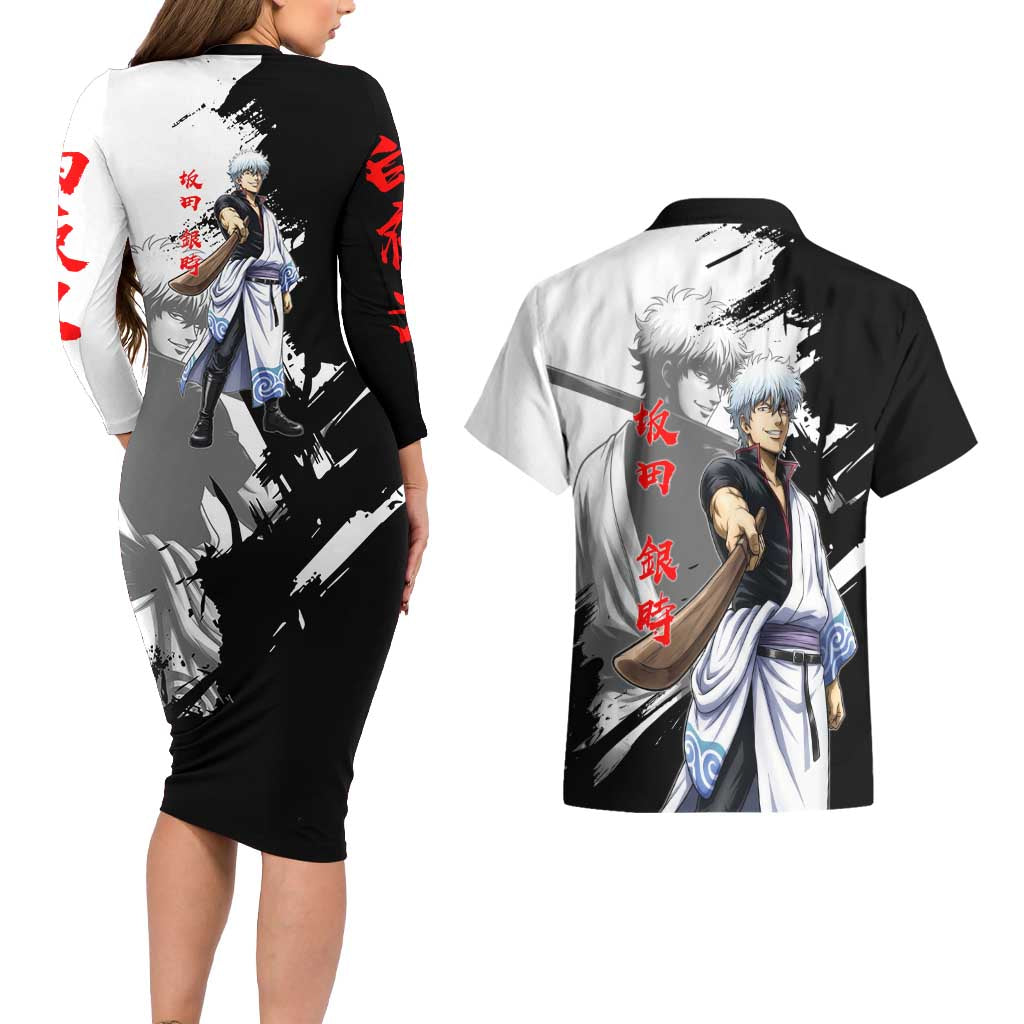 Gintoki Sakata Couples Matching Long Sleeve Bodycon Dress and Hawaiian Shirt Classic Samurai Brushstroke Style