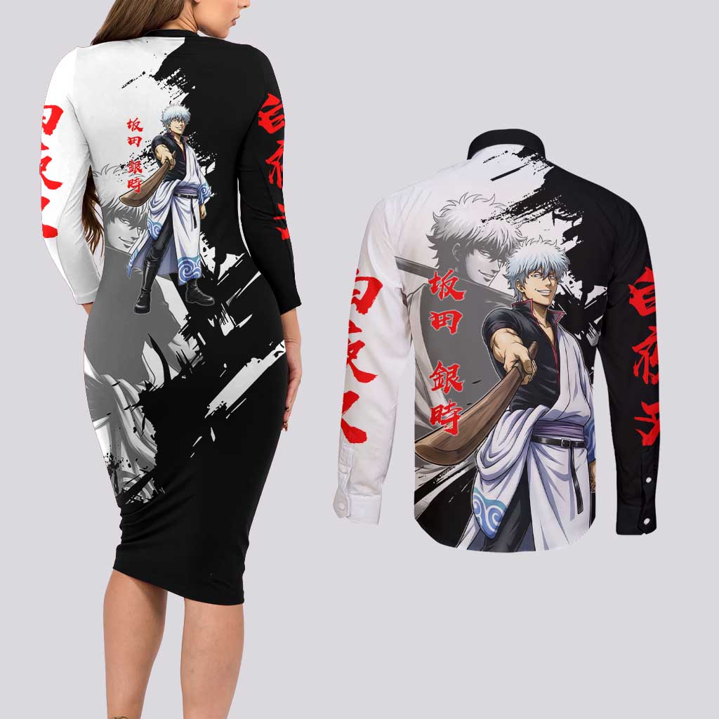 Gintoki Sakata Couples Matching Long Sleeve Bodycon Dress and Long Sleeve Button Shirt Classic Samurai Brushstroke Style