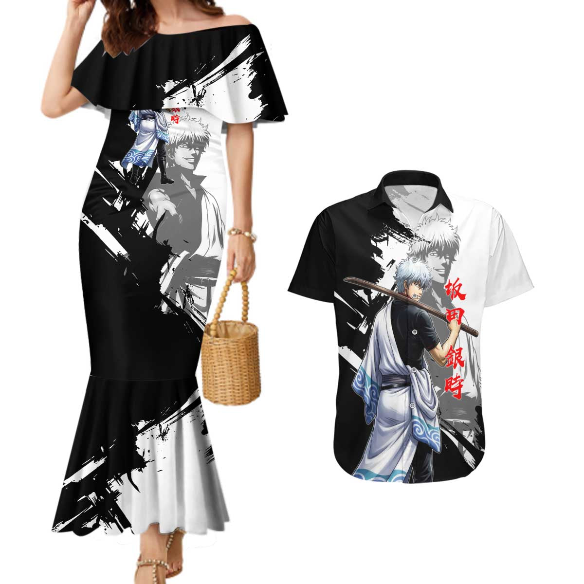 Gintoki Sakata Couples Matching Mermaid Dress and Hawaiian Shirt Classic Samurai Brushstroke Style